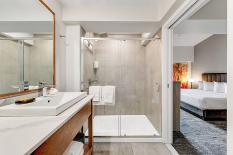 Shower, rainfall showerhead, designer toiletries, hair dryer