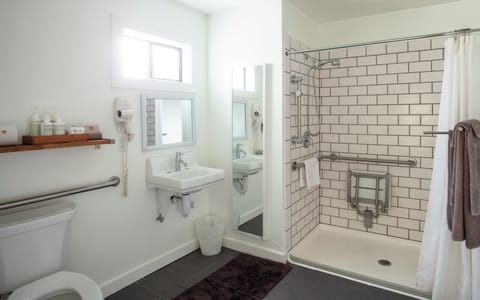 Room, Accessible, Fireplace (accessible deluxe queen) (20%off spa services) | Bathroom | Shower, rainfall showerhead, designer toiletries, hair dryer