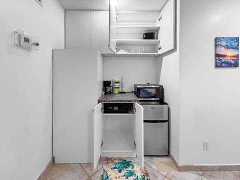 Microwave, toaster, cookware/dishes/utensils, paper towels