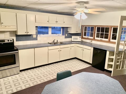 Downstairs kitchenette. This kitchen is not the primary and only contains a working mini fridge, sink and microwave. It is a great extra space for the downstairs bedroom user or a great hang out space to play board games.