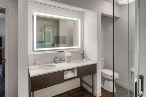 Combined shower/tub, free toiletries, hair dryer, towels