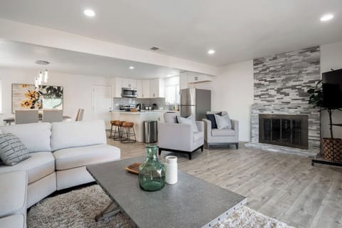 Full view of the living room and kitchen.