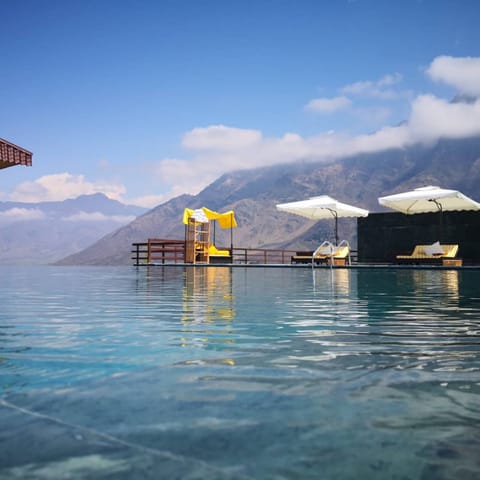 Outdoor pool, pool umbrellas, sun loungers