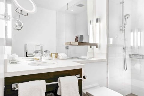 Shower, rainfall showerhead, free toiletries, hair dryer