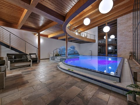 Indoor pool, open 2:00 PM to 8:00 PM, sun loungers