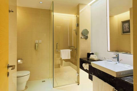 Shower, hair dryer, bathrobes, towels