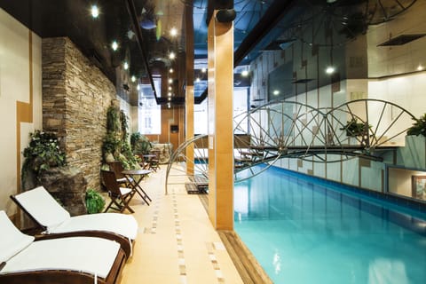 Indoor pool, open 9:00 AM to 9:00 PM, sun loungers