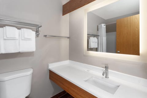 Combined shower/tub, free toiletries, hair dryer, towels