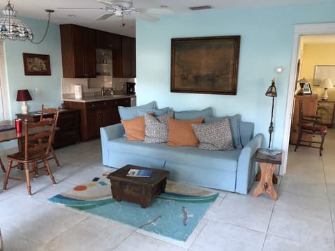 Comfortable queen sofa bed in great room. 