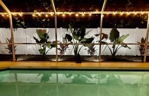 Pool area at night.