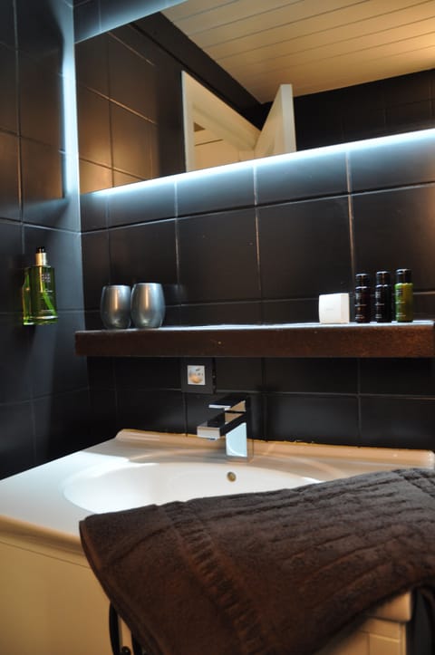 Family Room | Bathroom | Shower, rainfall showerhead, hair dryer, towels