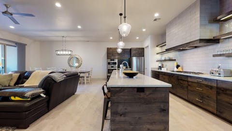 Kitchen is open to living and dining areas