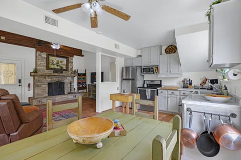 View from the dining table looking over at the kitchen.