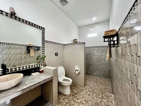 Shower, free toiletries, hair dryer, bidet