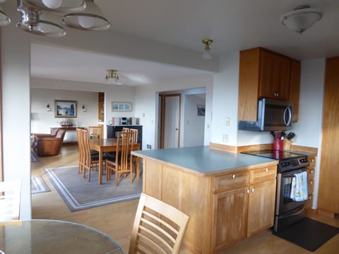 Kitchen view of large counter area and dining/living space
