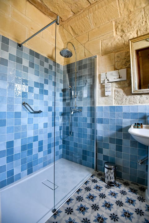Combined shower/tub, rainfall showerhead, hair dryer, towels