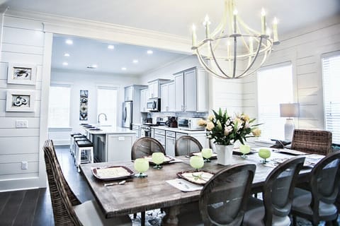 View of dining area into kitchen.