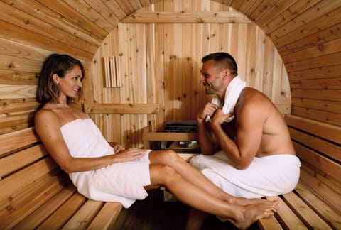 Your exclusive Hand-Crafted Cedar Barrel Finish Steam Sauna for up to 6 people to enjoy temperatures of 195ºF. Plenty of room to stretch out and enjoy the sauna heat, plus two exterior benches for cooling off. Available from July 1,  1 week’s notice