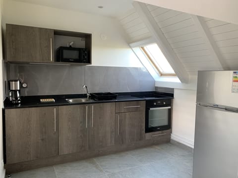 Full-size fridge, microwave, stovetop, electric kettle