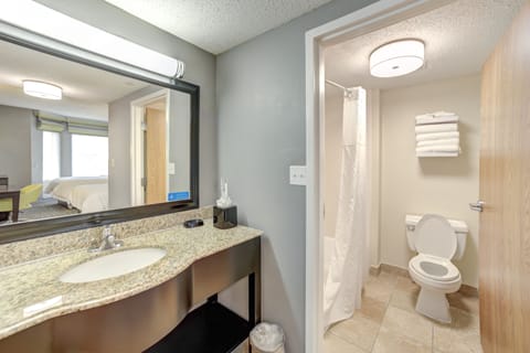 Combined shower/tub, free toiletries, hair dryer, towels