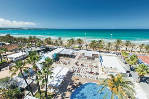 On the beach, white sand, sun loungers, beach umbrellas