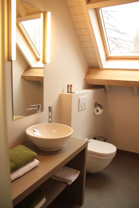 Rainfall showerhead, designer toiletries, hair dryer, towels