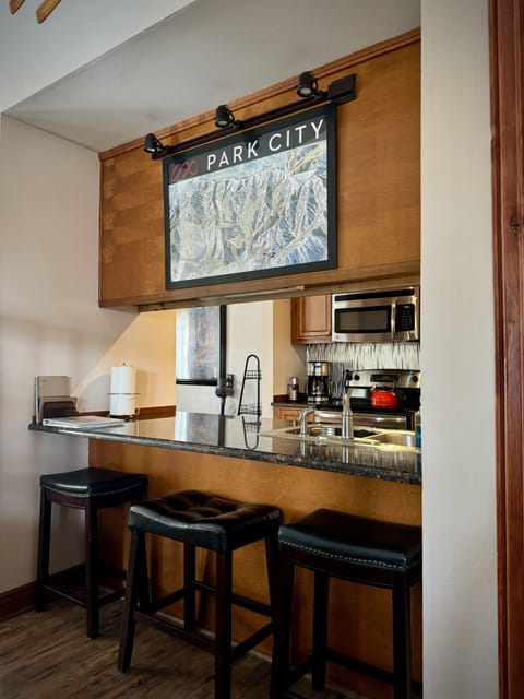 Kitchen bar and review of slopes for the day.