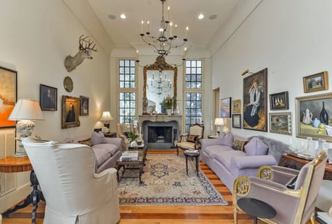Living Room with Antique Limestone Fireplace mantel