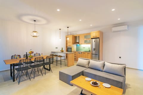 Modern fully equipped kitchen and living area of Spectacular Sea View Villa,Near Taverns & Sandy Beaches