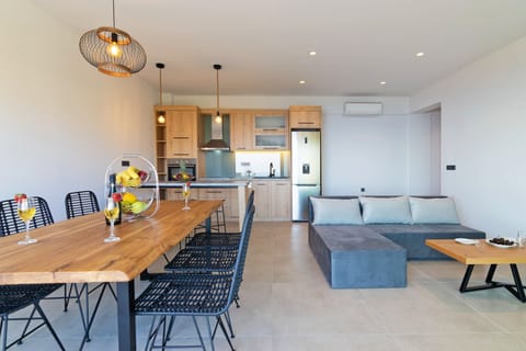 Modern fully equipped kitchen and living area of Spectacular Sea View Villa,Near Taverns & Sandy Beaches