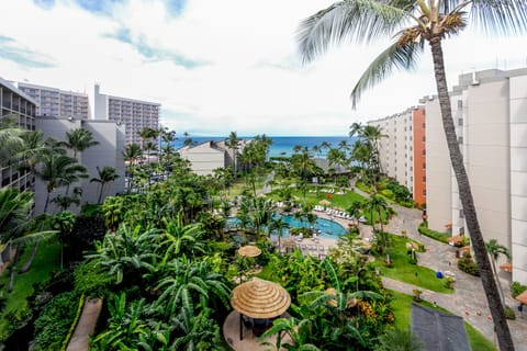 The resort overlooks a lush tropical courtyard with palm trees, manicured lawns, a central pool area, and the sparkling ocean visible in the distance—surrounded by multi-story buildings.