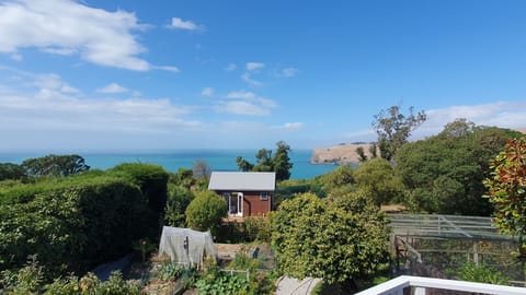 Kohanga sits at the bottom of the garden with Banks Peninsula  in the background