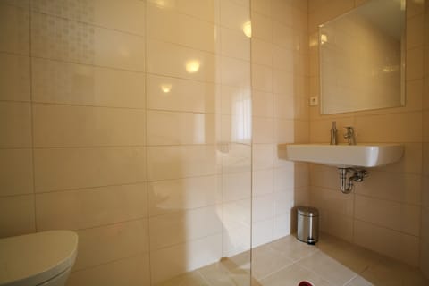 Shower, rainfall showerhead, hair dryer, towels