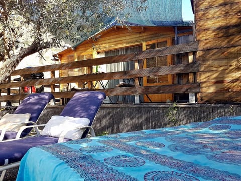 Cabana, decked area, day bed & chairs under shaded olive tree