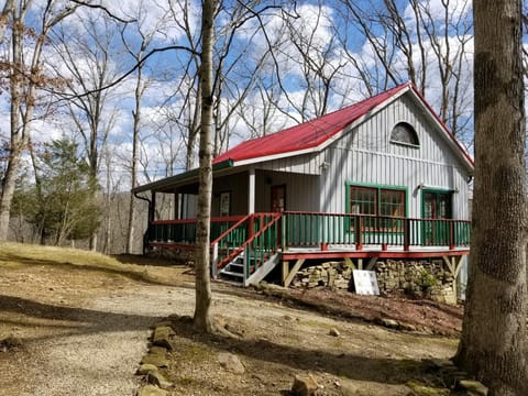 Exterior view of the cabin with gray vertical siding, green-trimmed windows, red metal roof, and wraparound deck railing.