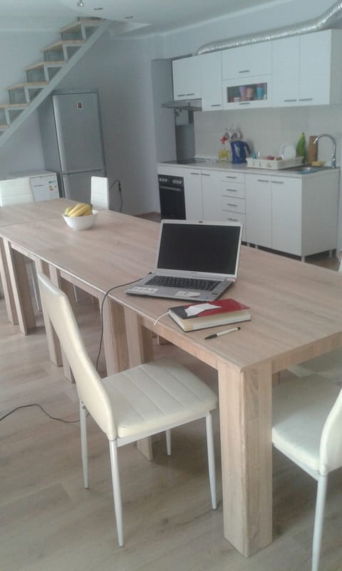 Fridge, microwave, oven, cookware/dishes/utensils