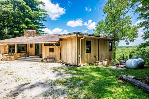 Exterior view of the wood-paneled house with stone chimney, green door, gravel driveway, and forested landscape beyond.
