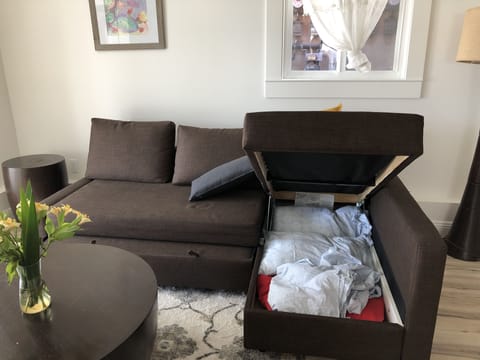 Bedding stored under sofa