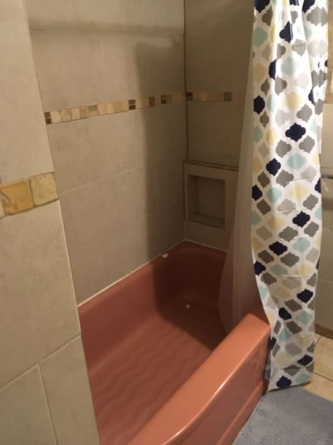 Full bathroom with a big 1940's pink bathtub! Shampoo, etc. included.