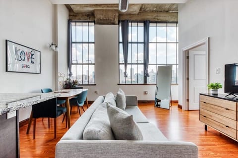Spacious living room and view on the city