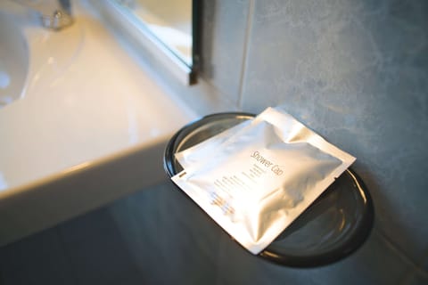 Combined shower/tub, eco-friendly toiletries, hair dryer, towels