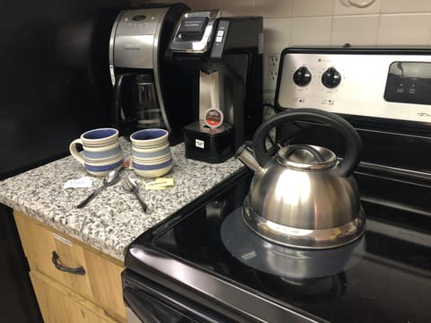 Coffee and tea are provided as well as two coffee makers and a kettle