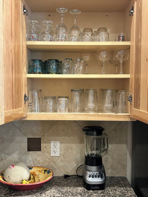 Plenty of glasses for beverages, wine or beer.