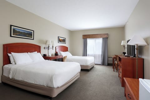 Desk, laptop workspace, blackout drapes, iron/ironing board