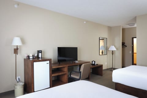 Desk, laptop workspace, blackout drapes, iron/ironing board