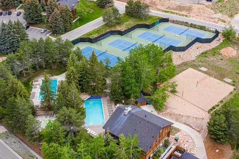 Overhead View of Clubhouse, Pools, Tennis Courts, Volleyball Courts