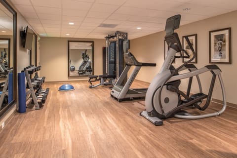 Fitness center with cardio and weight equipment.