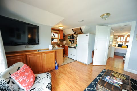 A view from the private entrance showing the living room into full kitchen.