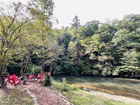 Backyard from deck - Fire pit & easy beach into the whispering waters