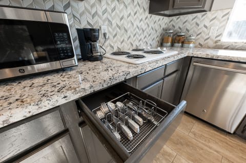 Everything you need is provided down to coffee and silverware.